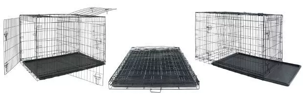 3 views of a wire dog crate on white background